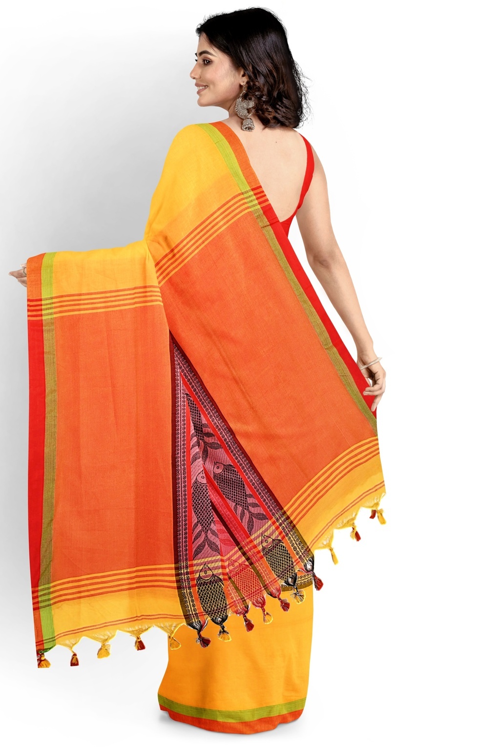 Yellow Red Pure Cotton Marine Hand Loom Saree (1279)